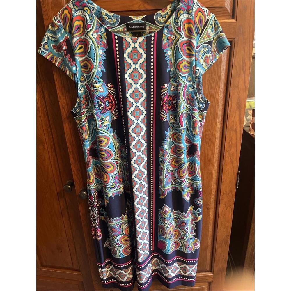 Liz Claiborne Women's Multicolor Cap Sleeve Stretch Knee Length Dress Sz‎ 14